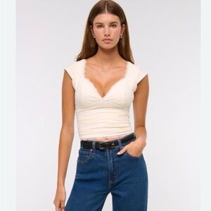 Abercrombie & Fitch Zoe Bra-Free Cream Lace-Trim V-Neck Cap Sleeve Crop Top